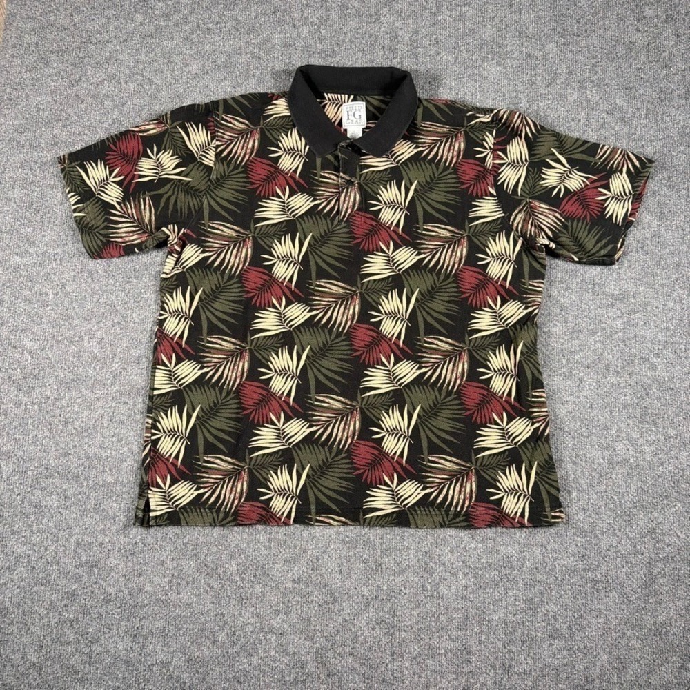 Vintage Field Gear Polo Shirt Mens Large Black Tropical Palm Leaf‎ Short Sleeve